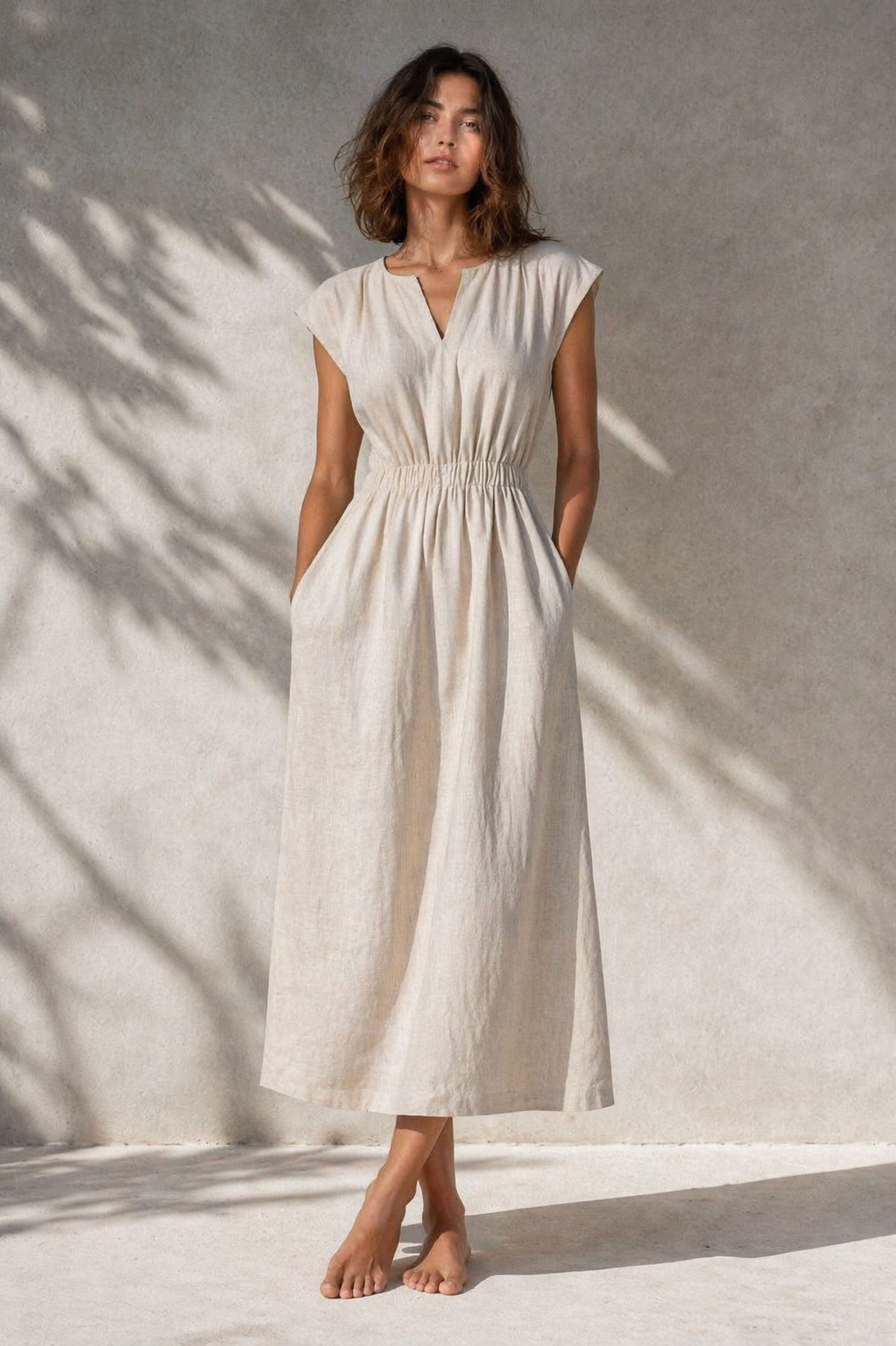 V-Neckline Smocked Waist Maxi Dress