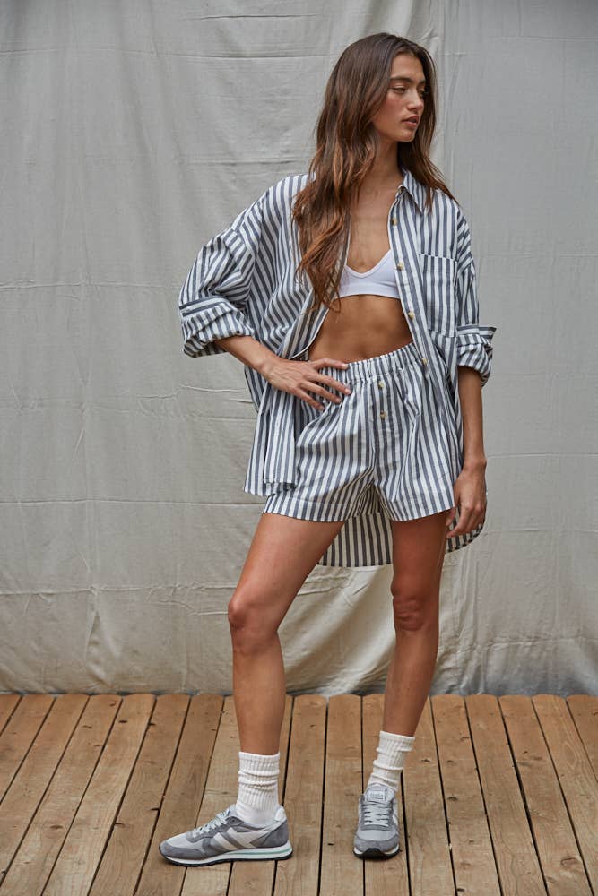 Woven Cotton Striped Wide Leg Shorts