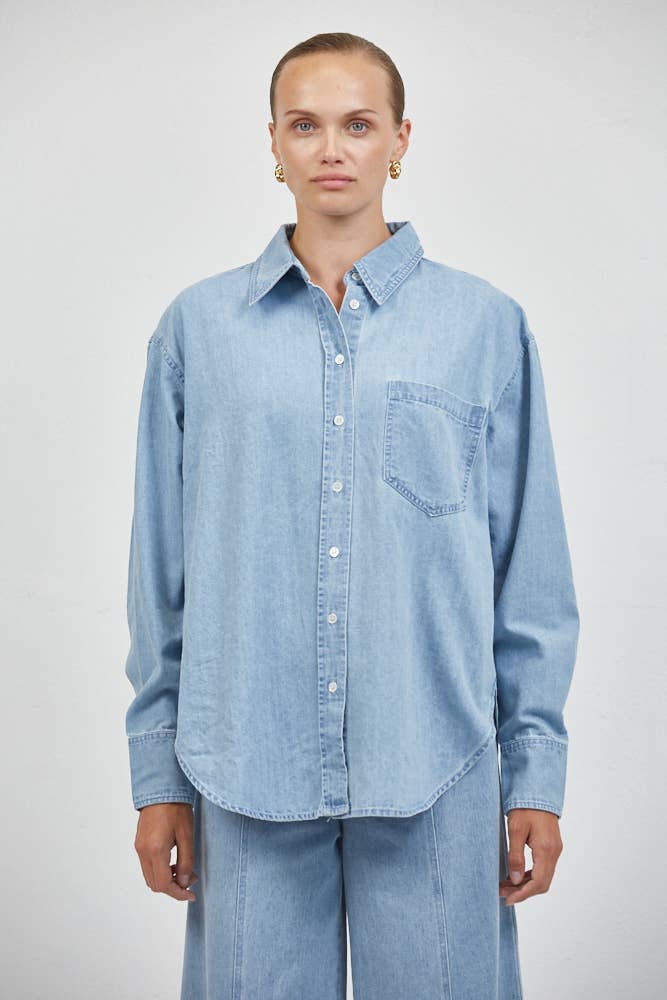 Denim Collar Neck Long Sleeve Shirt Top