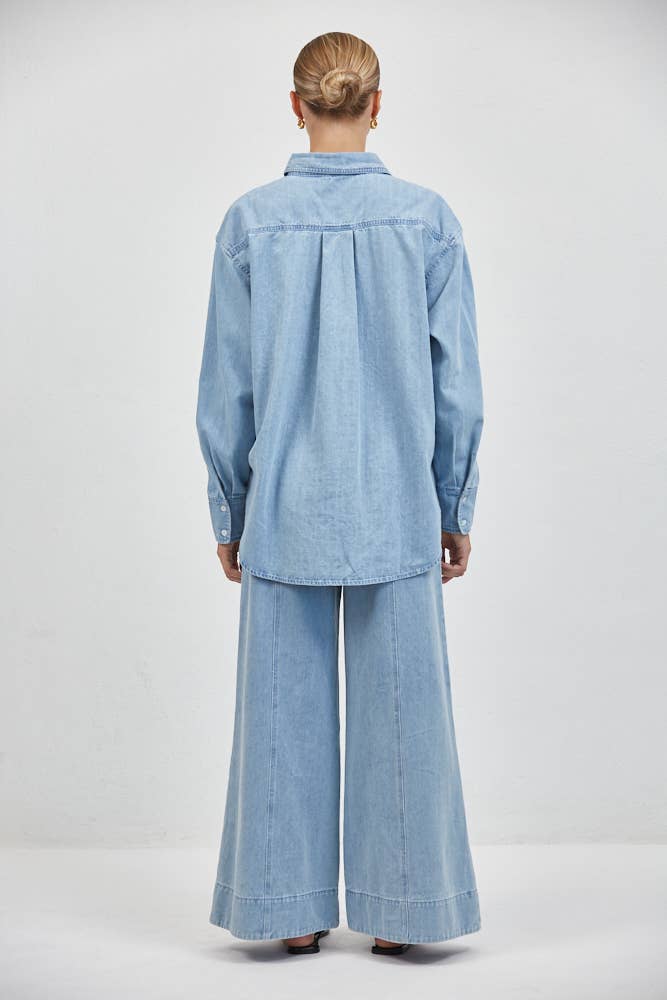 Denim Collar Neck Long Sleeve Shirt Top