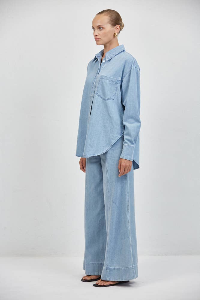 Denim Collar Neck Long Sleeve Shirt Top