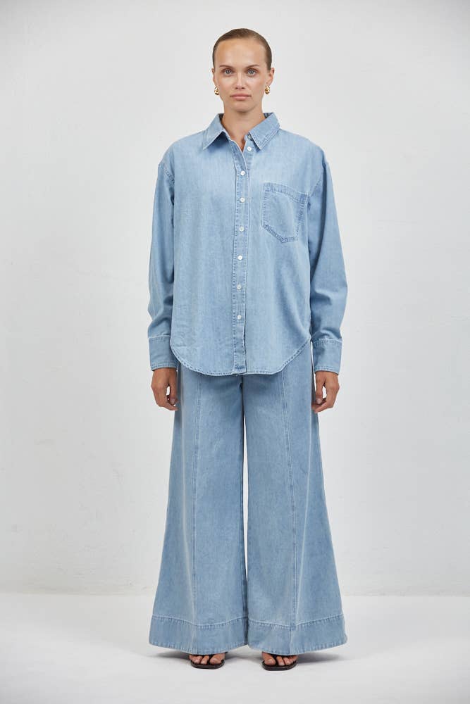 Denim Collar Neck Long Sleeve Shirt Top